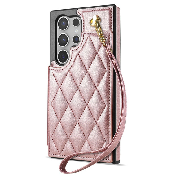 Etui do Samsung Galaxy S25 Ultra z kieszeniami na karty, paskiem i funkcją podstawki – różowe złoto