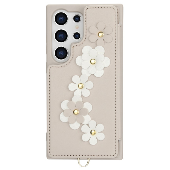Etui do Samsung Galaxy S24 Ultra, Leather Flower Card Slot, beżowe