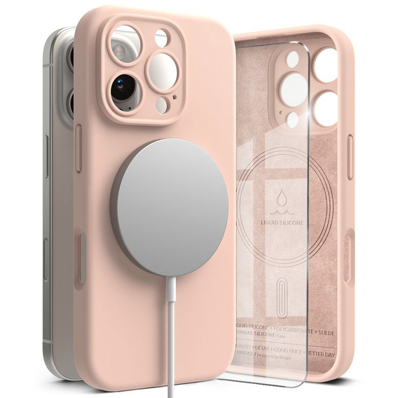 Etui Ringke do iPhone 16 Pro Max, Silicone MagSafe, Różowe + Szkło Hartowane 9H