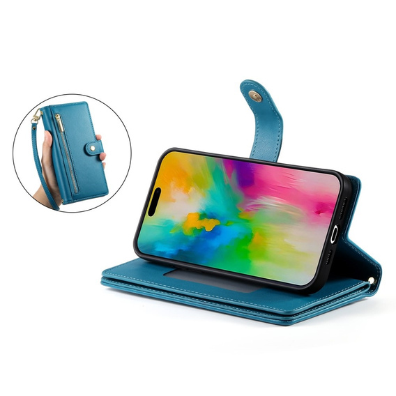 Etui z klapką do iPhone 16 Pro Max, Wallet Zipper Pocket, niebieskie