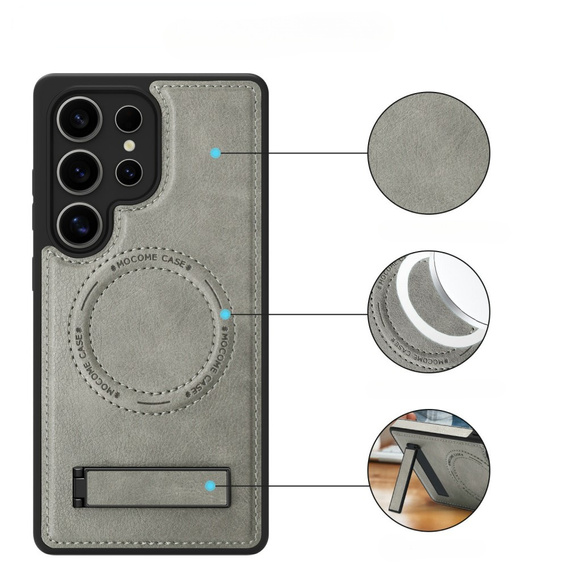 Etui skórzane z podstawką do Samsung Galaxy S25 Ultra – kompatybilne z MagSafe, szare