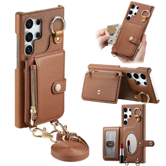 Etui do Samsung Galaxy S25 Ultra – z klapką, kieszeniami i paskiem, brązowe