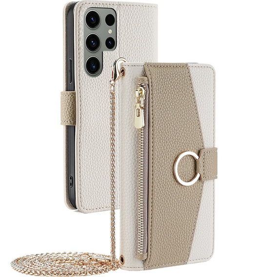 Etui z klapką do Samsung Galaxy S23 Ultra, Wallet Zipper Pocket, z lusterkiem, białe