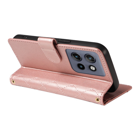 Etui z klapką do Motorola Edge 50 Neo / Motorola ThinkPhone 25, Rhombus Crossbody Leather, różowe rose gold