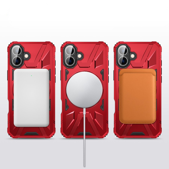 Etui do iPhone 16, pancerne z podstawką i MagSafe, czerwone