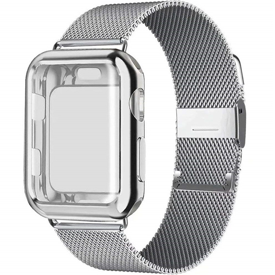 Bransoleta Milanese + Etui z osłoną na ekran do Apple Watch 1/2/3/4/5/6/SE 38/40/MM, Srebrny