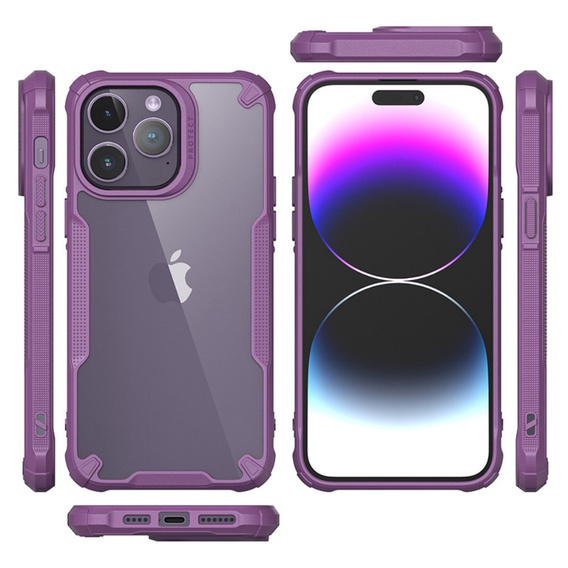 Etui do iPhone 14 Pro Max, pancerne, przezroczyste z fioletową ramką
