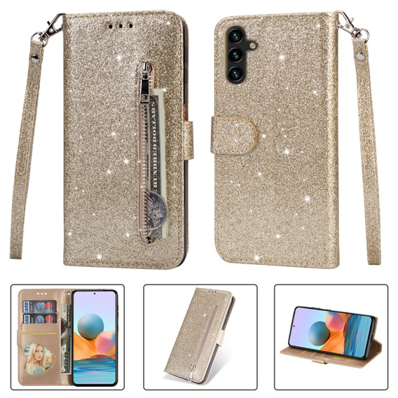 Etui z klapką do Samsung Galaxy A55, Wallet Zipper Pocket Glittery, złote