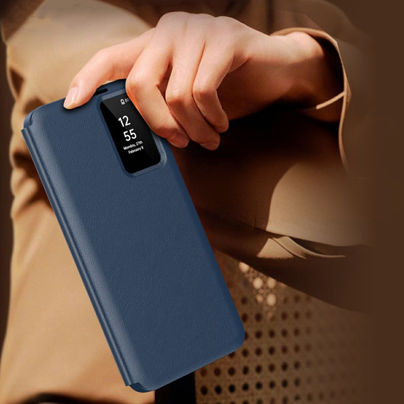 Etui do Samsung Galaxy A56 5G – skórzane z okienkiem Smart View i kieszenią na kartę, niebieskie