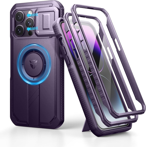 Etui pancerne do iPhone 14 Pro Max, Dexnor CamProtect MagSafe, fioletowe (Dwie ramki)