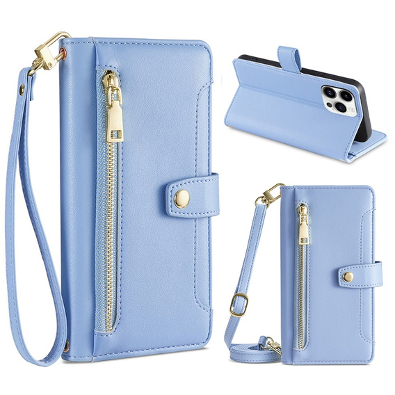 Etui z klapką do iPhone 15 Pro, Wallet Zipper Pocket, niebieskie