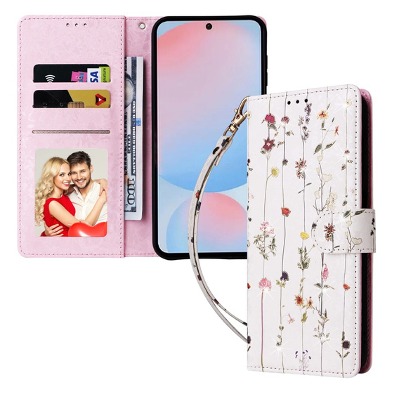 Etui z klapką do Galaxy A56 – drobne kwiaty, ochrona RFID, kieszenie na karty, zdjęcie i banknoty