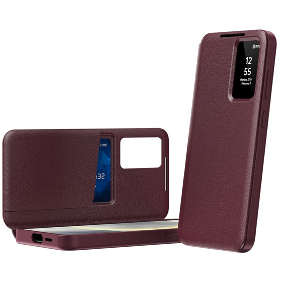 Etui do Samsung Galaxy A56 5G – skórzane z okienkiem Smart View i kieszenią na kartę, bordowe