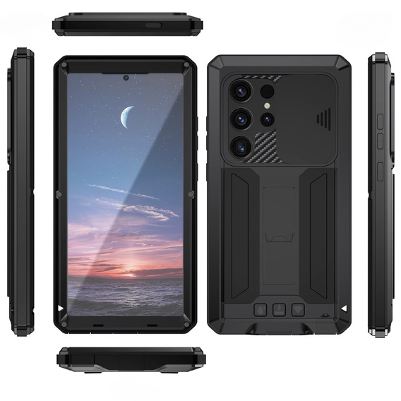 Etui pancerne do Samsung Galaxy S25 Ultra, R-JUST z przesuwną osłoną na aparat, czarne