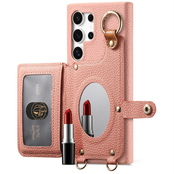 Etui do Samsung Galaxy S25 Ultra – z klapką, kieszonkami i paskiem, różowe