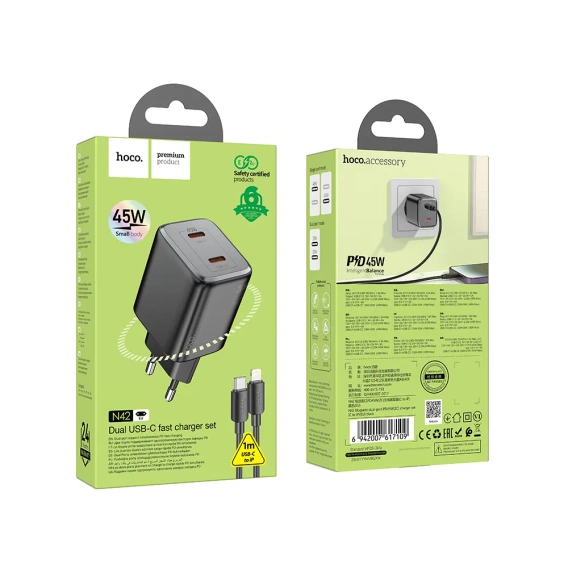 HOCO N42 GaN 45W – ładowarka sieciowa 2x USB-C + kabel USB-C do Lightning, czarna