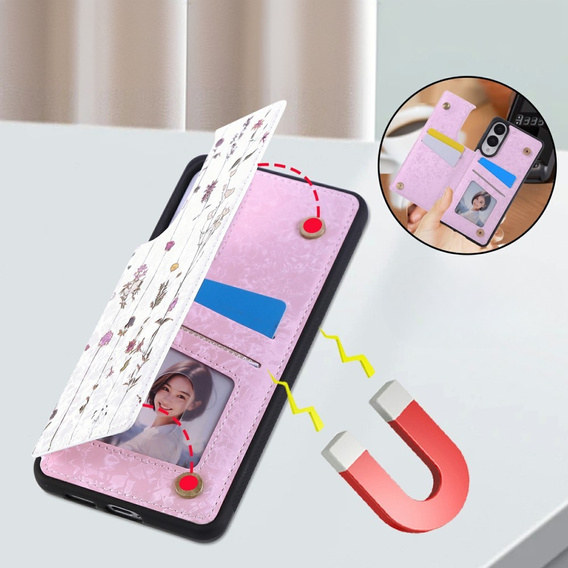 Etui do Samsung Galaxy S25 Edge – skórzane, z ochroną RFID, kieszonkami na karty, motyw suszonych kwiatów