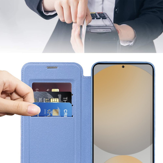 Etui z klapką do Samsung Galaxy S24 FE, RFID Wallet MagSafe z ochroną aparatu, niebieskie