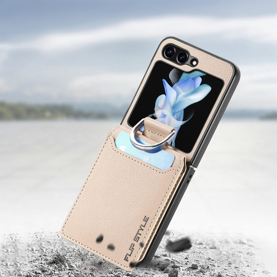 Etui do Samsung Galaxy Z Flip7 FE / Z Flip6, Card Slot Ring Case, beżowe