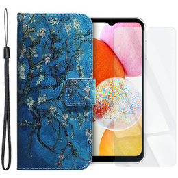 Zestaw Etui do Samsung Galaxy A14 4G/5G, portfel z klapką, Sakura + szkło