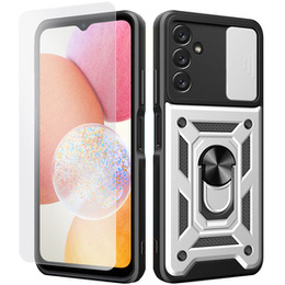 Zestaw Etui pancerne do Samsung Galaxy A14 4G/5G, Nox Camera Slide, Srebrne + szkło