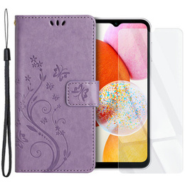 Zestaw Etui do Samsung Galaxy A14 4G/5G, Motyl i kwiatek, Fioletowe + Szkło 9H