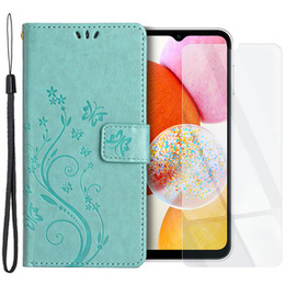 Zestaw Etui do Samsung Galaxy A14 4G/5G, Motyl i kwiatek, Zielone + Szkło 9H