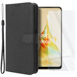 Zestaw Etui z klapką do Oppo Reno8 T 4G, portfel Smart Magnet, Czarne + szkło