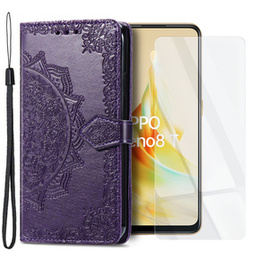 Zestaw Etui do Oppo Reno8 T, z klapką mandala, fioletowe + szkło
