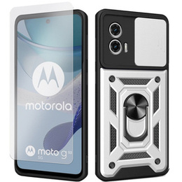 Zestaw Etui do Motorola Moto G53 5G pancerne, z ochroną aparatu i ringiem, srebrne + szkło