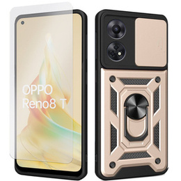 Zestaw Etui pancerne do Oppo Reno8 T, Nox Camera Slide, złote + szkło