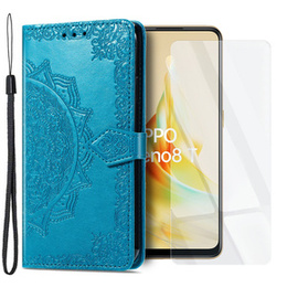 Zestaw Etui do Oppo Reno8 T, z klapką mandala, niebieskie + szkło