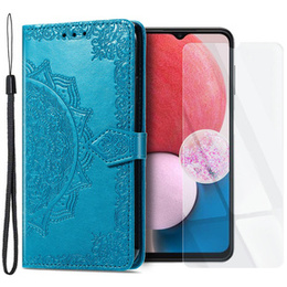Zestaw Etui z klapką do Samsung Galaxy A13 4G, Mandala, niebieskie + szkło