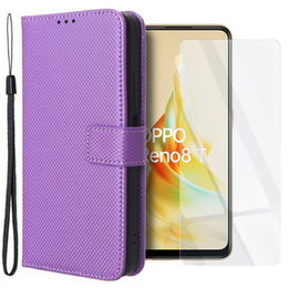 Zestaw Etui z klapką do Oppo Reno8 T 4G, portfel Smart Magnet, Fioletowe + szkło