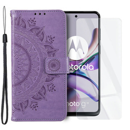 Zestaw Etui z klapką do Motorola Moto G53 5G, portfel Mandala, Fioletowe + szkło