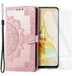 Zestaw Etui do Oppo Reno8 T, z klapką mandala, różowe rose gold + szkło