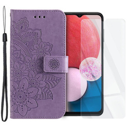 Zestaw Etui do Samsung Galaxy A13 4G, Mandala i kwiaty, fioletowe + szkło