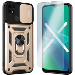 Zestaw Etui pancerne NOX Camera Slide do Realme C21Y / C25Y, Złote + szkło