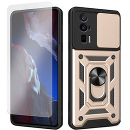 Zestaw Etui pancerne do Xiaomi Poco F5 Pro, Nox Camera Slide, złote + Szkło