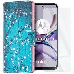 Zestaw Etui do Motorola Moto G53 5G / G23 / G13, portfel z klapką, Sakura + szkło