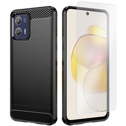 Zestaw Etui do Motorola Moto G73 5G, karbon, silikonowe ochronne, czarne + szkło