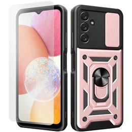 Zestaw Etui NOX Camera Slide Case do Samsung Galaxy A14 4G/5G, Rose Gold, różowe + szkło