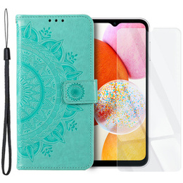 Zestaw Etui do Samsung Galaxy A14 4G/5G, portfel ze wzorem Mandala z klapką, zielone + szkło