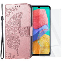 Zestaw Etui z klapką do Samsung Galaxy M33, Motyl, Różowe + szkło
