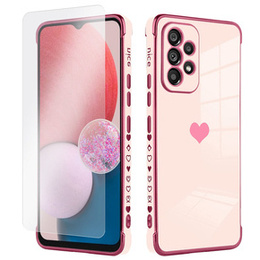 Zestaw Etui do Samsung Galaxy A13 4G, Electro heart, Różowe rose gold + szkło